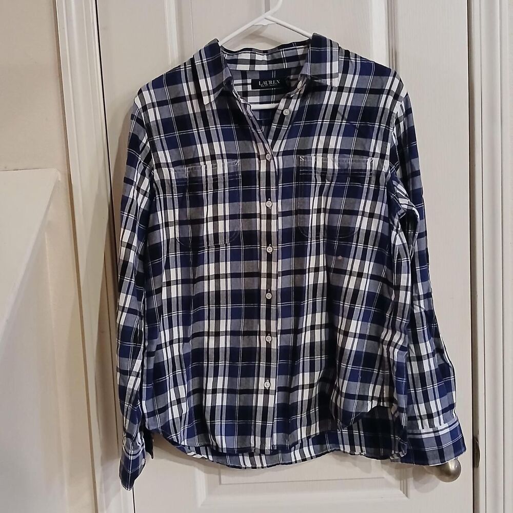 Lauren Ralph Lauren 100% cotton flannel plaid button-up shirt L preppy grunge
